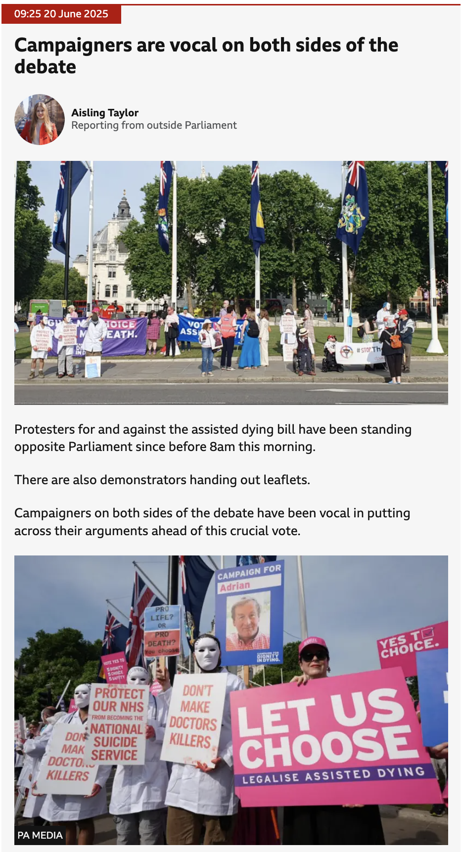 BBC live page post about campaigners on both sides of the assisted dying bill debate